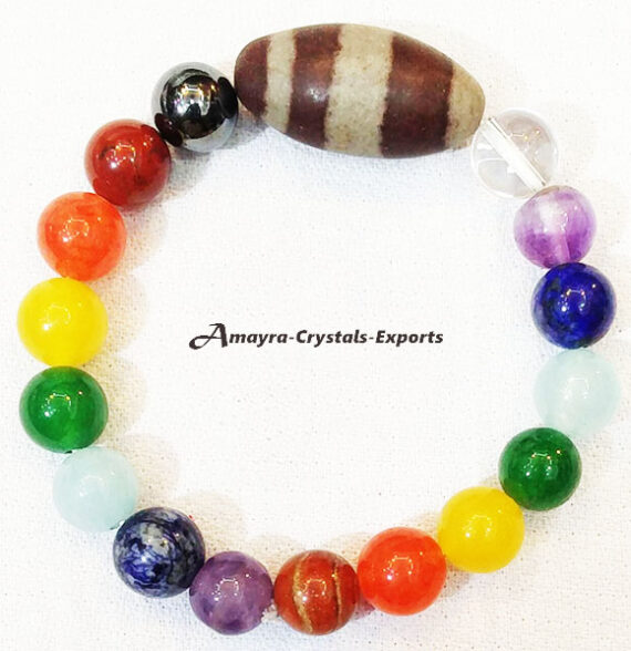 Seven Chakra With Narmada Lingam Stone Elastic Beads Bracelet
