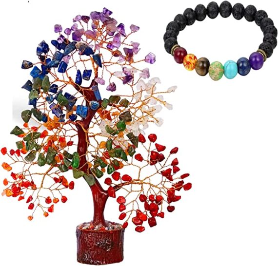 7 Chakra Stone 300 Beads Tree With Chakra Black Lava Stones Elastic Beads Bracelet