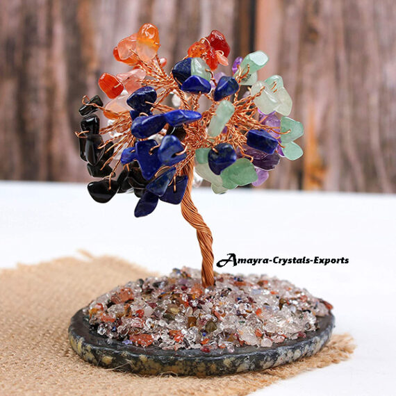 7 Chakra Stone 150 Beads Tree With Mix Gemstone Chips Studded Coaster Base