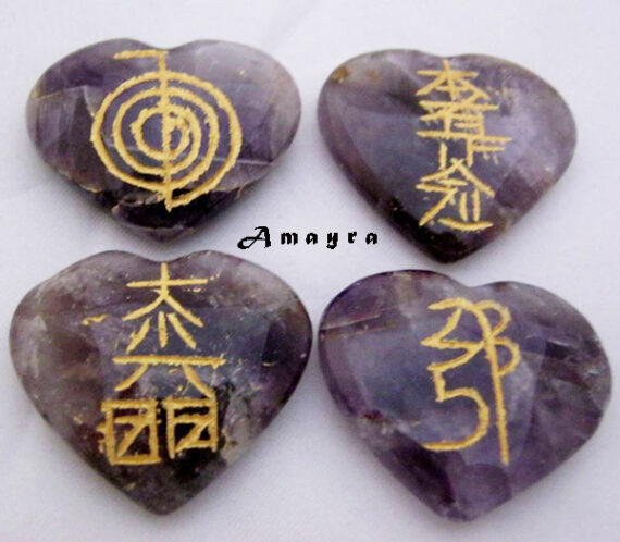 Gemstone Amethyst Engraved 4 Piece Heart Shape Reiki Set