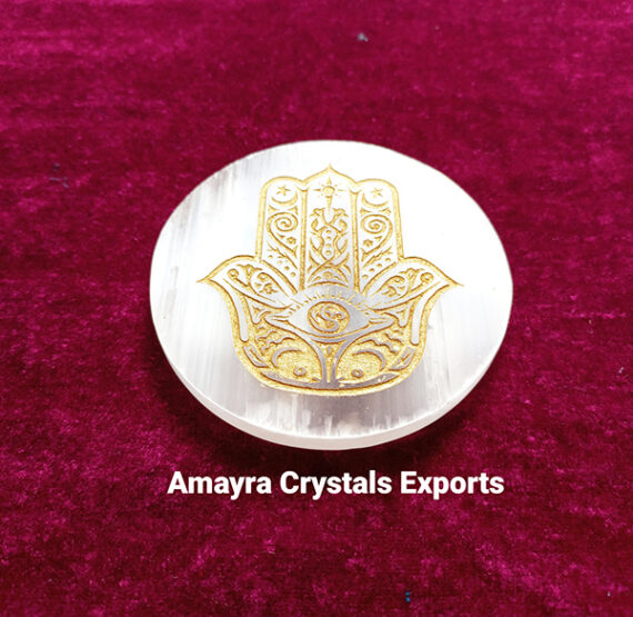 Gemstone Selenite Hamsa Hand Engraved Charge Plate