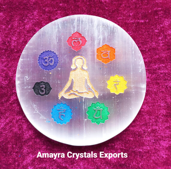 Gemstone Selenite Engraved Seven Chakra Charge Plate
