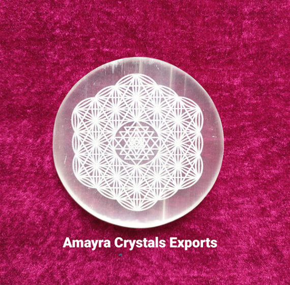 Gemstone Selenite Flower of Life Engraved Charge Plate