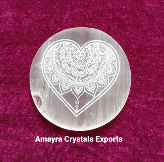 Gemstone Selenite Heart Engraved Charge Plate