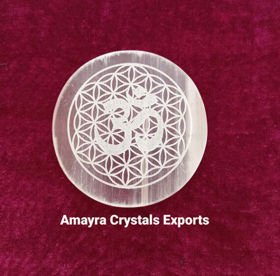 Gemstone Selenite Flower Of Life Ohm Engraved Charge Plate