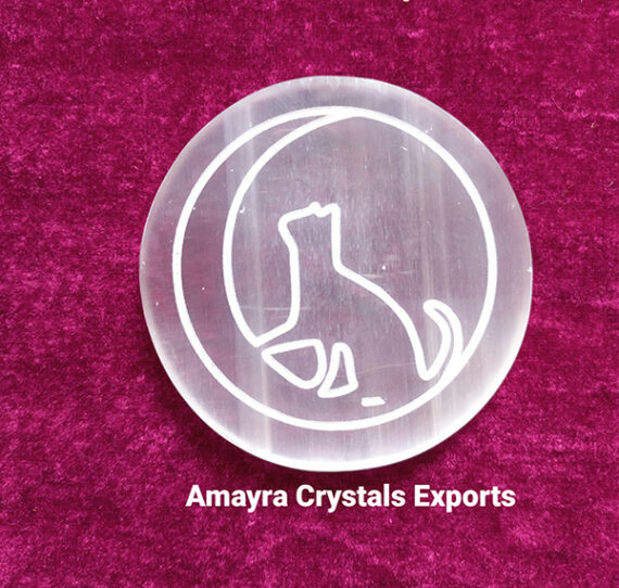 Gemstone Selenite Cat Moon Design Engraved Charge Plate