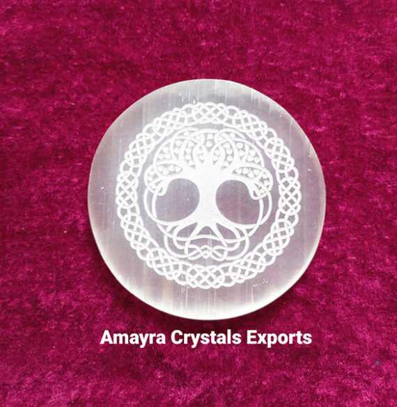 Gemstone Selenite Engraved Tree Of Life Design 2 Charge Plate
