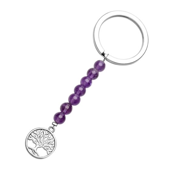 Gemstone Amethyst Beads Tree of Life Silver Keychain