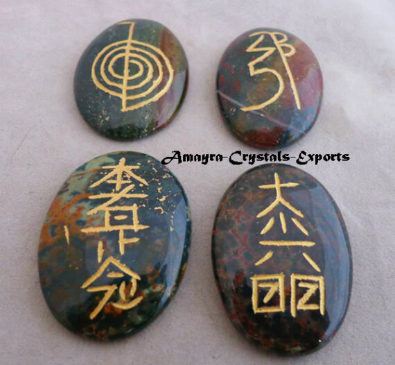 Gemstone Blood Stone Engraved 4 Piece Oval Reiki Set