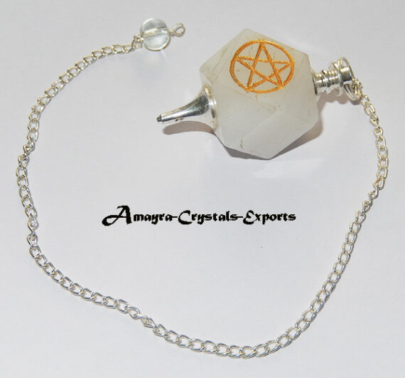 Gemstone Natural White Agate Star Engraved Hexagon Pendulum