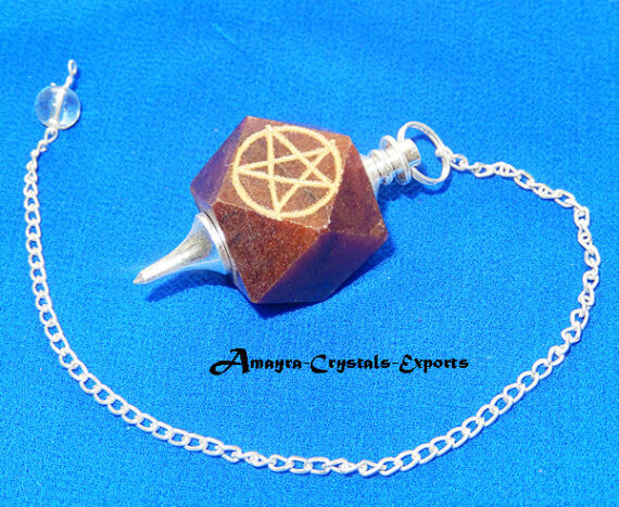 Gemstone Natural Red Jasper Star Engraved Hexagon Pendulum