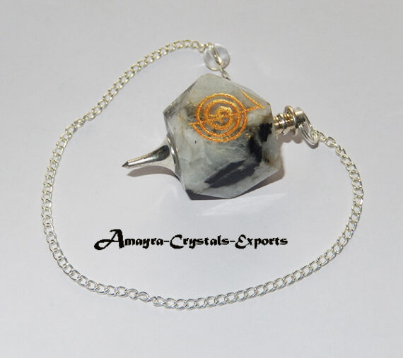 Gemstone Natural Rainbow Moonstone Reiki Engraved Hexagon Pendulum