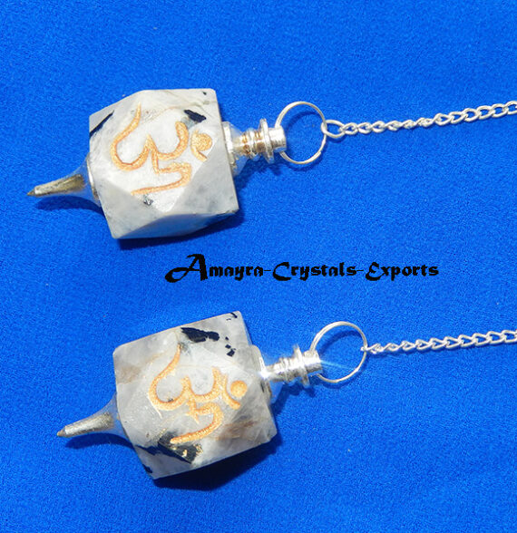 Gemstone Natural Rainbow Moonstone ohm Engraved Hexagon Pendulum