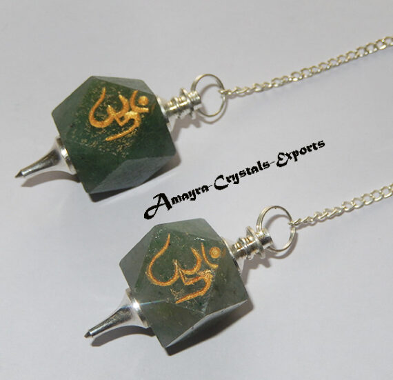 Gemstone Natural Green Aventurine Ohm Engraved Hexagon Pendulum