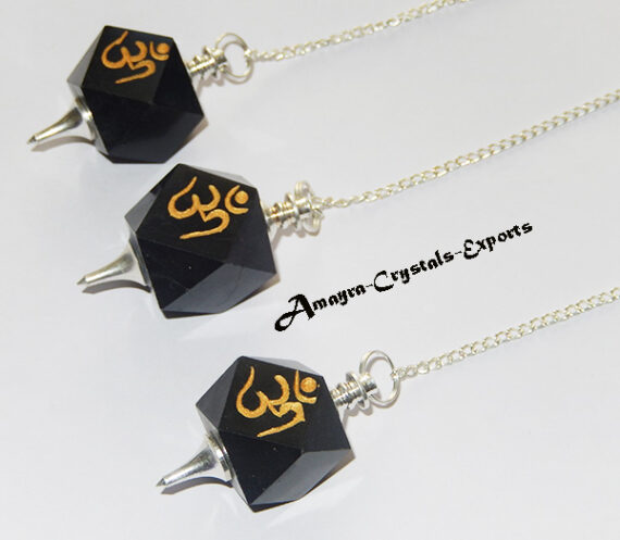 Gemstone Natural Black Obsidian ohm Engraved Hexagon Pendulum