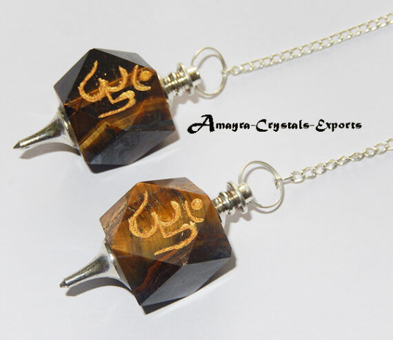 Gemstone Natural Tiger Eye Ohm Engraved Hexagon Pendulum