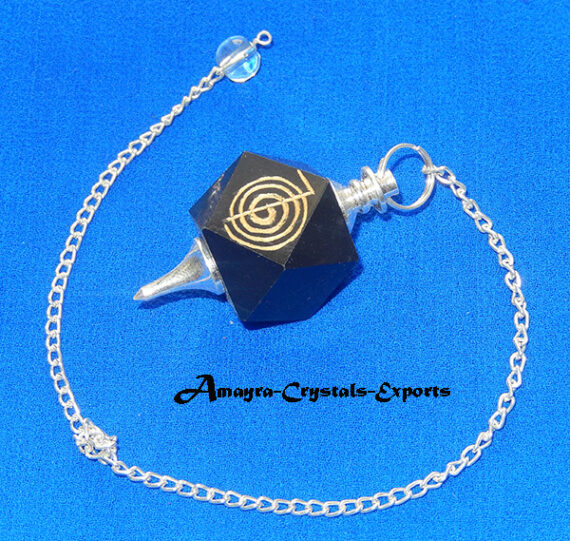 Gemstone Natural Black Obsidian Reiki Engraved Hexagon Pendulum