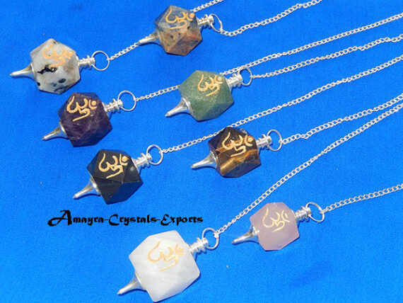 Gemstone Natural Mixed Gemstone Assorted Ohm Engraved Hexagon Pendulum
