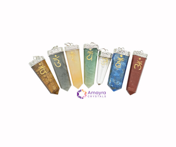 Natural Mixed Chakra Gemstone Reiki Engraved Flat Stick Pendant