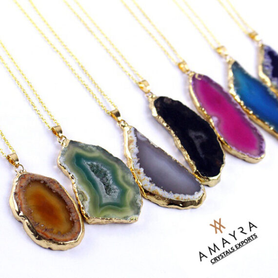 Gemstone Natural Silver Plated Agate Slice Pendant