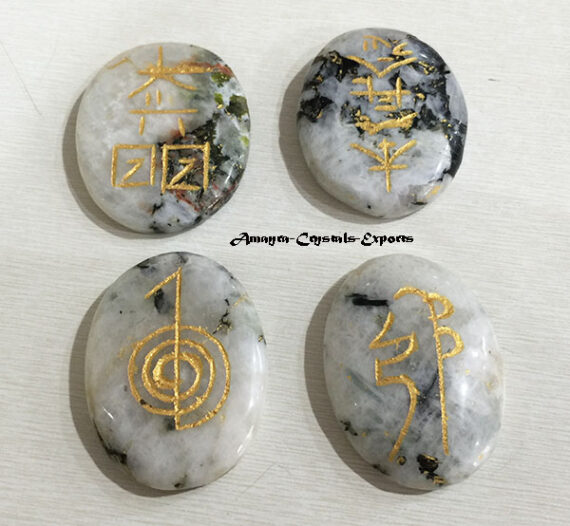 Gemstone Rainbow Moonstone Engraved 4 Piece Oval Reiki Set