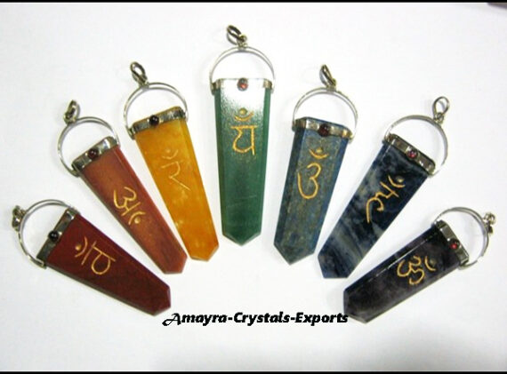 Natural Mixed Gemstone Reiki Engraved Flat Stick Pendant
