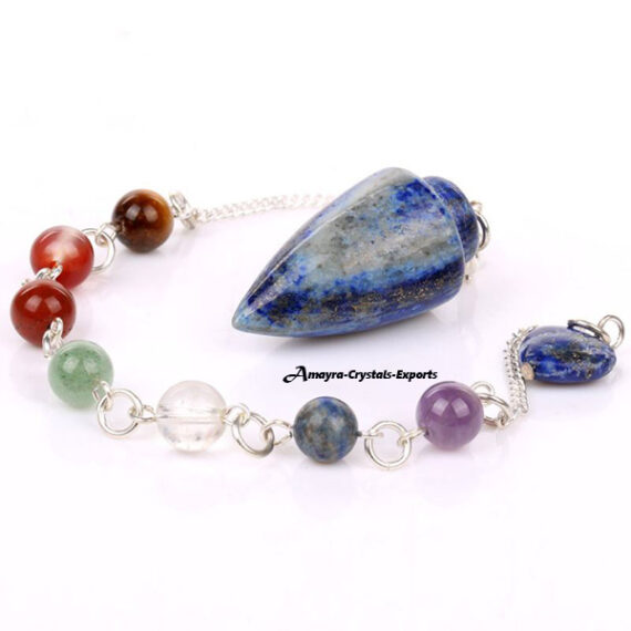 Gemstone Natural Lapis Lazuli Cone Pendulum with Chakra Chain
