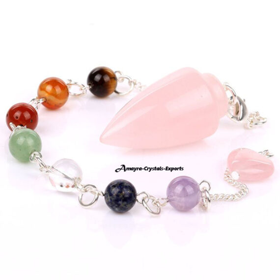 Gemstone Natural Rose Quartz Cone Pendulum with Chakra Chain