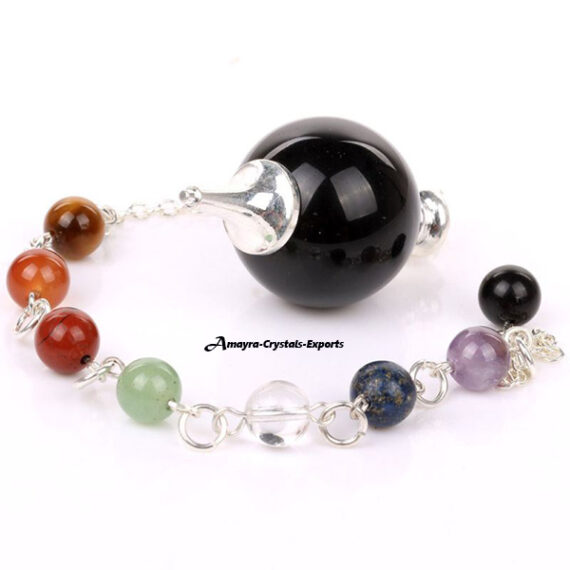 Gemstone Natural Black Obsidian Ball Pendulum with Chakra Chain