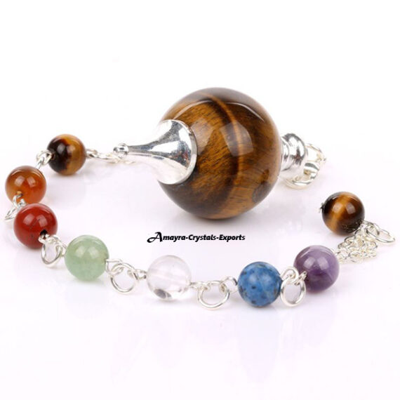 Gemstone Natural Tiger Eye Ball Pendulum with Chakra Chain