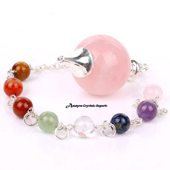 Gemstone Natural Rose Quartz Ball Pendulum with Chakra Chain