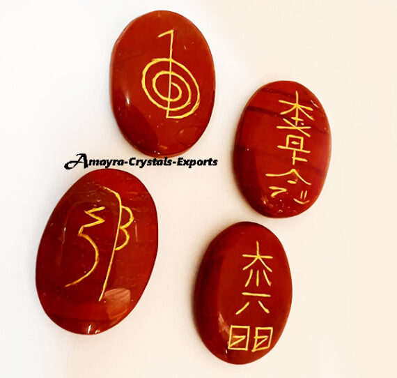 Gemstone Red Jasper Engraved 4 Piece Oval Reiki Set