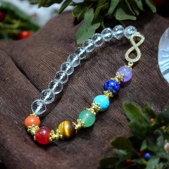 Seven Chakra & Clear Quartz Bracelet With Infinity Charm