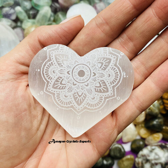 Gemstone Selenite Engraved Flower Of Life Pub Heart