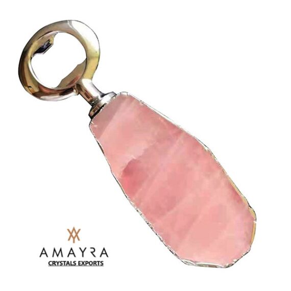 Natural Gemstone Rose Quartz Polished Golden Bottle Opener