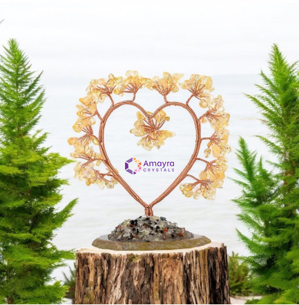 Citrine Heart Shape Copper Wire Tree With Coaster Base