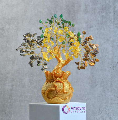Pyrite Green Jade Citrine Tiger Eye Tree With Money Bag Base | Money Magnet Tree