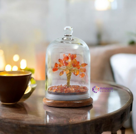 Red Carnelian Glass Dome Tree With Wooden Base | Red Carnelian Wish Tree