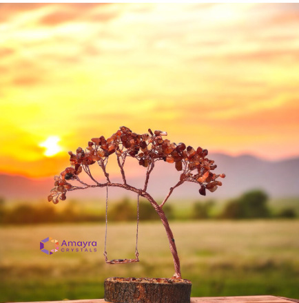 Red Carnelian Swing Tree With Wooden Chips Base