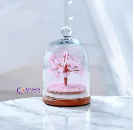 Rose Quartz Glass Dome Tree With Wooden Base | Rose Quartz Wish Tree