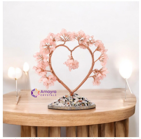 Rose Quartz Heart Shape Copper Wire Tree With Coaster Base