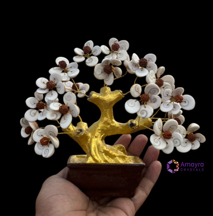 Gemstone Rudraksh & Gomti Chakra Golden Trunk Bonsai Tree