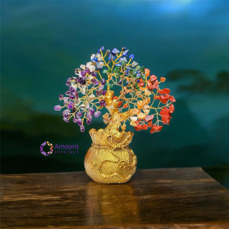 Seven Chakra Golden Tree With Money Bag Base | Seven Chakra Money Tree