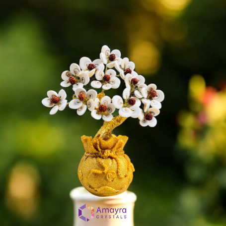 Gemstone Rudraksh & Gomti Chakra Golden Tree With Money Bag Base | Rudraksh & Gomti Chakra Money Tree